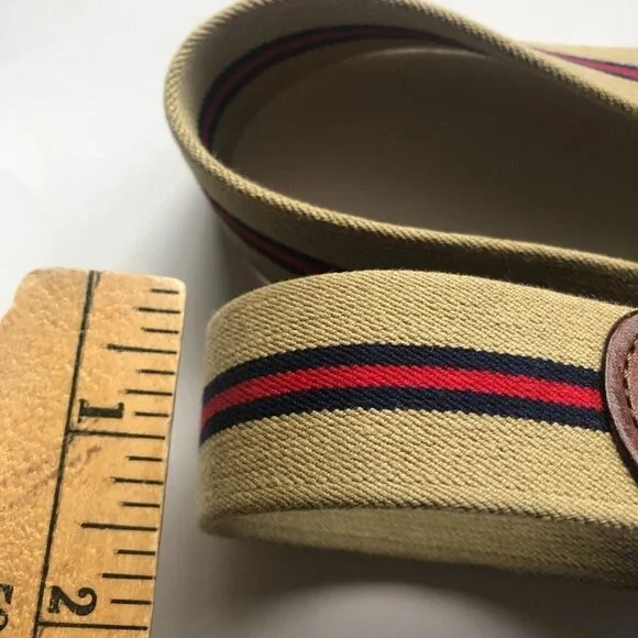 VINTAGE Preppy Belt Web Stripes Brass Leather Beige Blue Red 33 34 35 inch Mediu - Picture 7 of 7